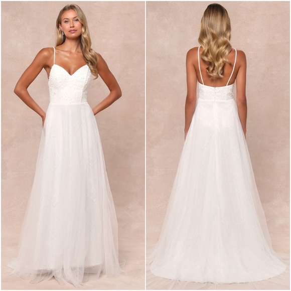 NWT LULUS Pearl Beaded Floral Embroidery Lace Tulle Sleeveless Gown With Train S - Picture 1 of 8